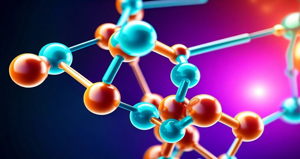 Een 3D-weergave van een moleculaire structuur met levendige blauwe en oranje bollen die met staven met elkaar verbonden zijn tegen een gloeiende paarse en roze achtergrond, wat een wetenschappelijk en futuristisch thema uitstraalt.