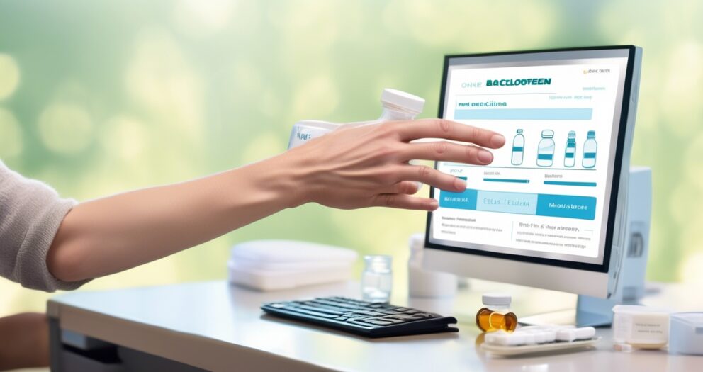 Een persoon pakt een medicijnflesje voor een computerscherm met medicinale informatie. Het bureau heeft ook een toetsenbord en verschillende open pillenflesjes. De achtergrond is zacht vervaagd.