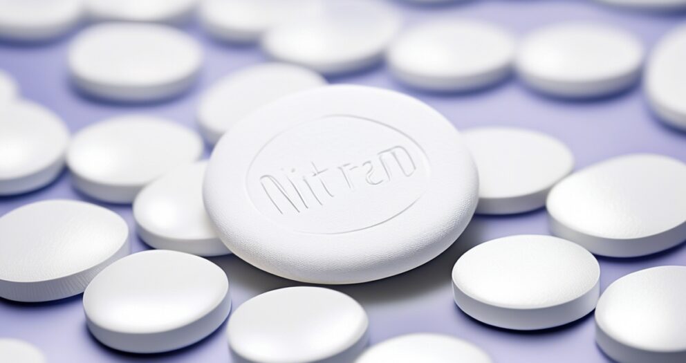 Een verzameling witte ronde tabletten verspreid over een lichtpaars oppervlak. Een grotere tablet in het midden heeft "Nitren" in reliëf. De tabletten variëren licht in grootte en zijn gelijkmatig verdeeld over de achtergrond.