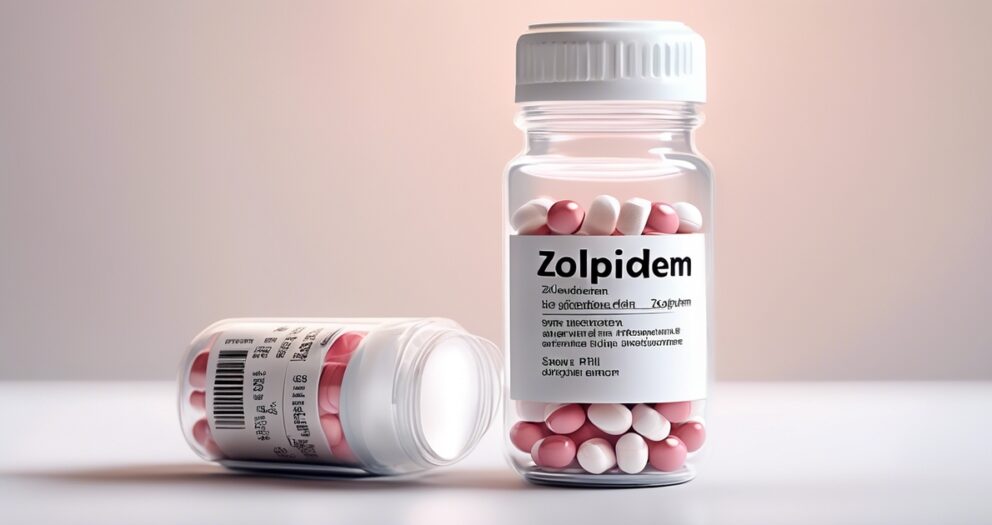 Er worden twee receptflessen getoond met het label "Zolpidem", de ene staand en de andere liggend. Beide bevatten capsules die half roze en half wit zijn, tegen een zachte gradiëntachtergrond.