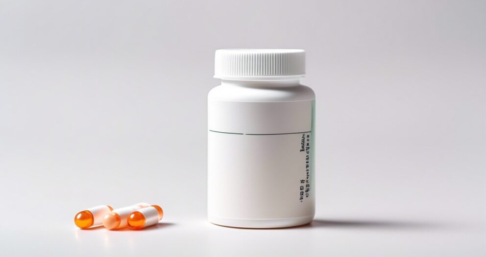 Een witte medicijnfles met een onleesbaar etiket staat rechtop op een vlak oppervlak. Ernaast liggen drie capsules met de bovenste helft oranje en de onderste helft doorzichtig, waardoor een oranje substantie binnenin zichtbaar is.