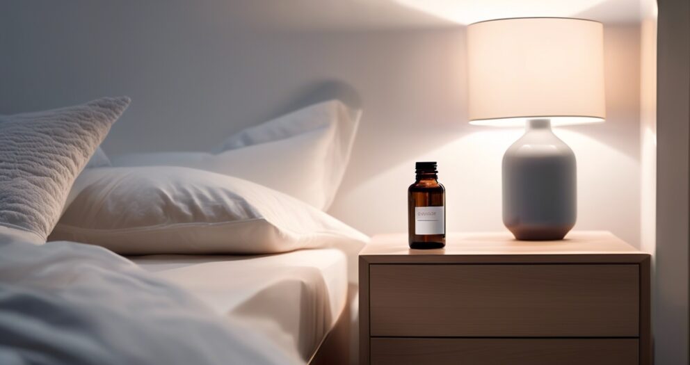 Een gezellige slaapkamerscène met een bed met witte kussens en lakens. Een nachtkastje ernaast bevat een brandende grijze lamp en een klein bruin flesje met een etiket, wat een rustige en uitnodigende sfeer creëert.