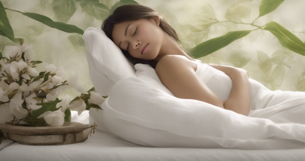 Een persoon die vredig slaapt op een wit bed, omringd door zachtgroen gebladerte en witte bloemen. De serene atmosfeer wordt versterkt door zacht licht, wat een kalmerende en natuurlijke omgeving creëert.