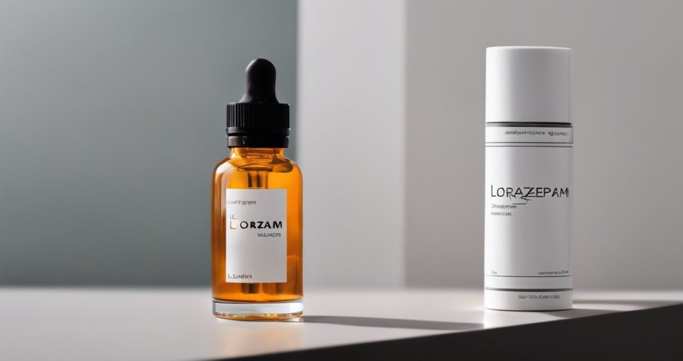 Een druppelflesje met vloeistof met het label "Lorzam" staat naast een buiscontainer met het label "Lorazepam", beide op een wit oppervlak. De achtergrond is zacht verlicht met neutrale kleuren.