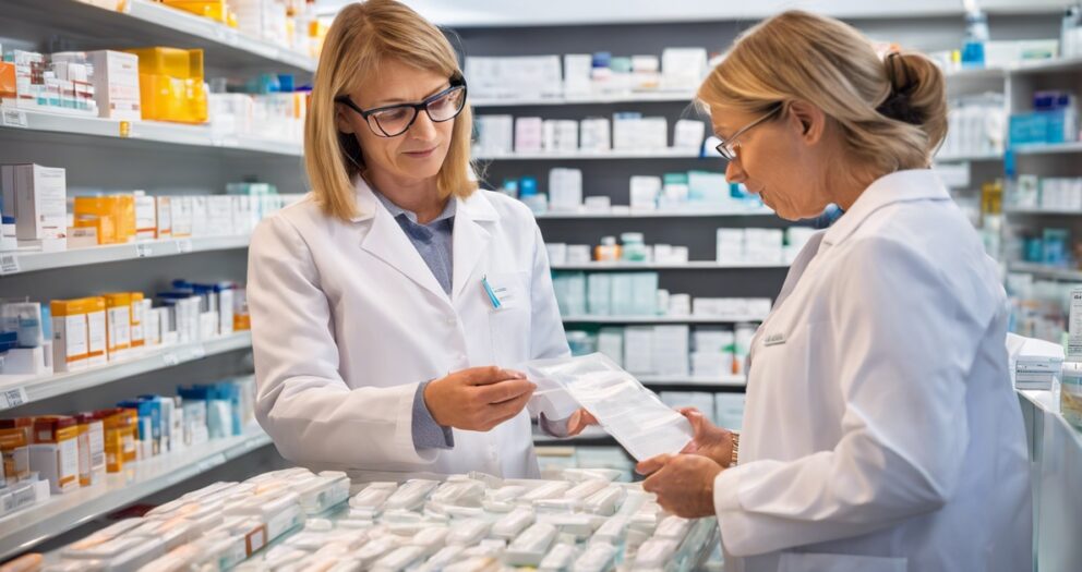 Twee apothekers in witte jassen bekijken samen een document in een apotheek. Ze staan voor schappen vol medicijndozen en -flessen, gefocust op hun werk.