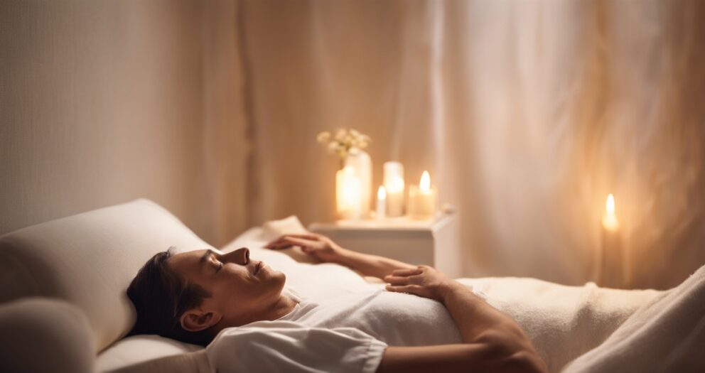 Een persoon ligt op een massagetafel met een witte handdoek eroverheen. De kamer is zacht verlicht met meerdere kaarsen, wat een warme en ontspannende sfeer creëert. Gedroogde bloemen liggen op de achtergrond op een klein tafeltje.