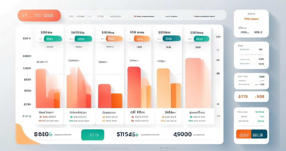 Een kleurrijk datadashboard met staafdiagrammen en verschillende statistieken, waaronder inkomsten, uitgaven en statistieken. Het bevat afgeronde witte vakken, levendige oranje en blauwgroene accenten en geeft getallen weer in kolommen en rijen met pictogrammen.