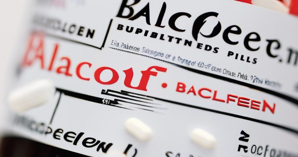 Close-up van een medicijnfles met wazige, vervormde tekst op het etiket. De tekst bevat "Balacouf BACLFEN." Witte pillen zijn zichtbaar bij het etiket, wat de focus van de afbeelding op medicatie versterkt.