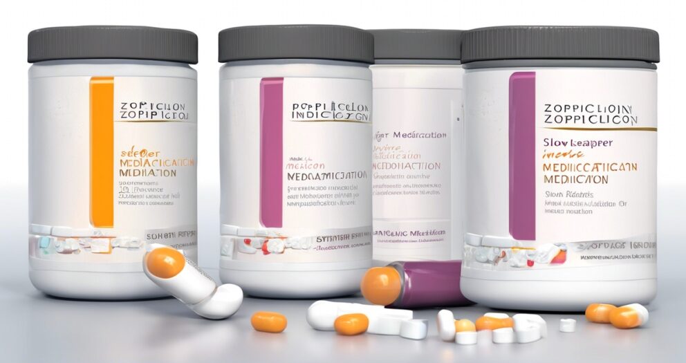 Vier medicijnflesjes met verschillende etiketten en kleuren staan op een rijtje. Er liggen wat pillen, voornamelijk oranje en witte capsules, verspreid voor hen. De focus ligt op de verpakking en de pillen, met tekst die medicatie aangeeft, maar niet leesbaar is.