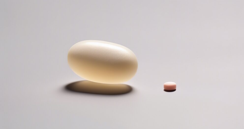 Een groot, glad, eivormig object staat op een licht oppervlak naast een kleine, ronde, tweekleurige pil. De pil is roze aan de bovenkant en wit aan de onderkant, wat de contrasterende maten en vormen benadrukt.