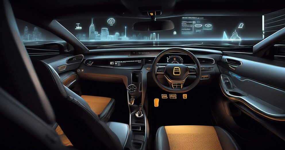 Futuristisch auto-interieur met digitale displays op het dashboard en stuurwiel. De stoelen zijn zwart en bruin en een skyline van de stad is zichtbaar door de ramen, met een holografische interface-overlay.