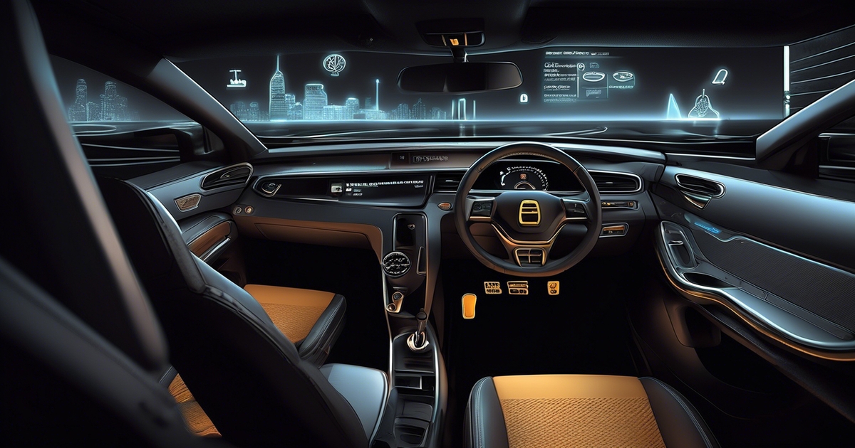 Futuristisch auto-interieur met digitale displays op het dashboard en stuurwiel. De stoelen zijn zwart en bruin en een skyline van de stad is zichtbaar door de ramen, met een holografische interface-overlay.