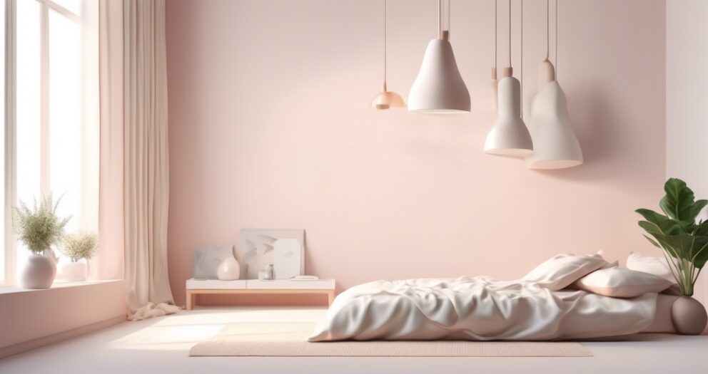 Minimalistische slaapkamer met een laag bed en wit beddengoed in een zonnige kamer. Met hangende hanglampen, een potplant, een klein bijzettafeltje met boeken en zachte pastelkleurige decoratie. Groot raam met gordijnen laat natuurlijk licht binnen.