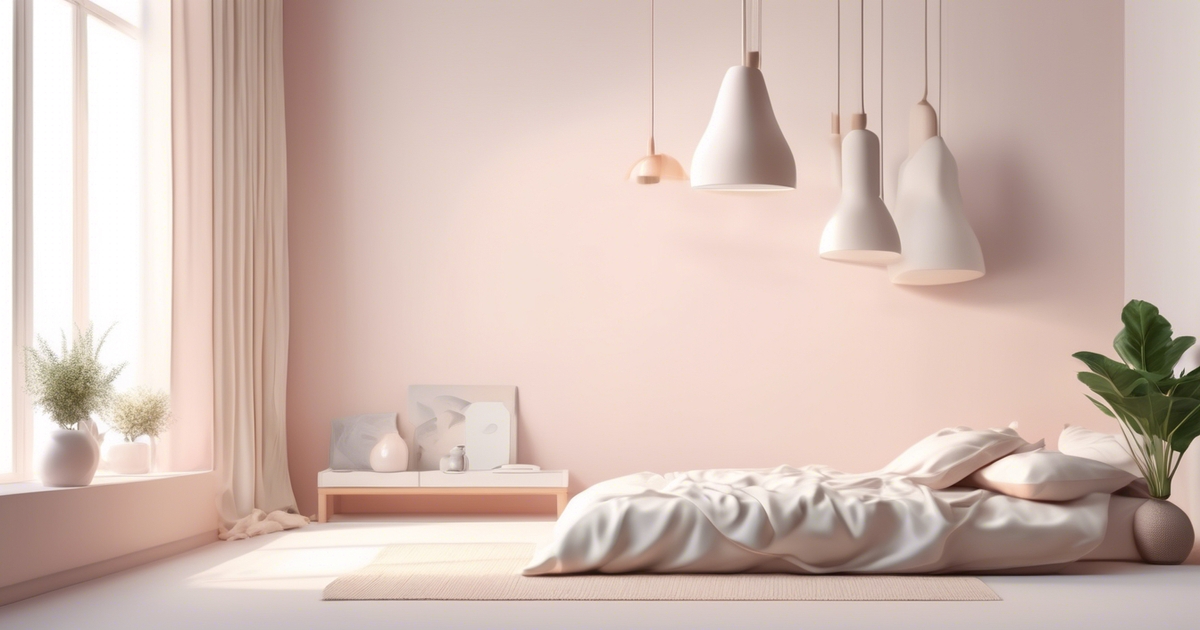 Minimalistische slaapkamer met een laag bed en wit beddengoed in een zonnige kamer. Met hangende hanglampen, een potplant, een klein bijzettafeltje met boeken en zachte pastelkleurige decoratie. Groot raam met gordijnen laat natuurlijk licht binnen.