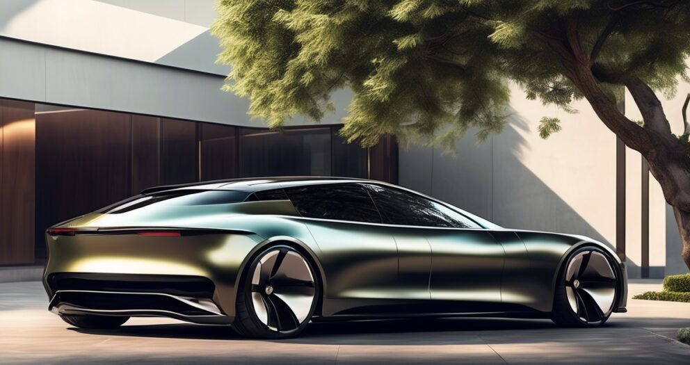 Een gestroomlijnde, futuristische elektrische auto met een metallic afwerking staat geparkeerd bij een modern gebouw, in de schaduw van een grote boom. Het voertuig heeft vloeiende, aerodynamische lijnen en grote velgen, wat het eigentijdse design benadrukt.