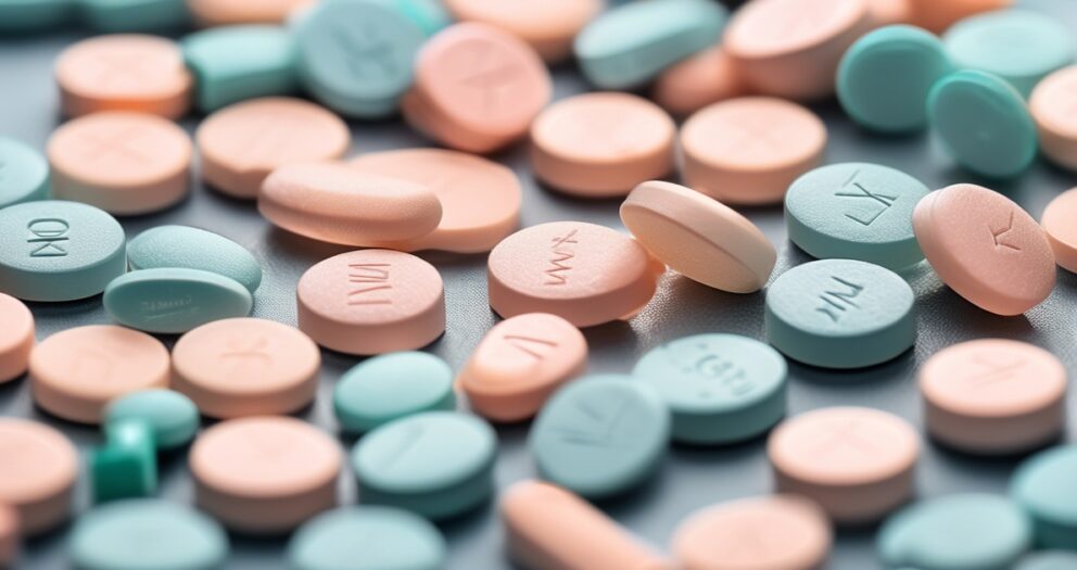Een verspreid assortiment van pastelkleurige pillen in tinten van perzik en turquoise. Elke pil is rond en sommige hebben markeringen of nummers op hun oppervlak, die verschillende soorten of doseringen suggereren. De achtergrond is neutraal, wat de pillen benadrukt.
