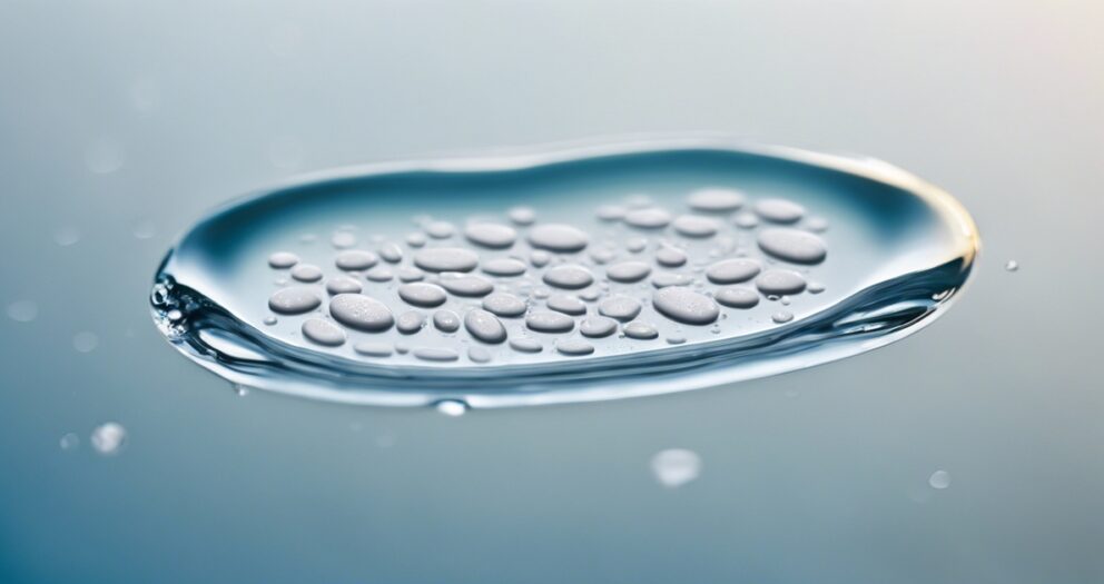 Close-up van waterdruppels die samenklonteren op een glad oppervlak, wat een vredig, reflecterend effect creëert. De focus op de druppels vervaagt de achtergrond in zachte grijs- en blauwtinten, wat de serene sfeer versterkt.