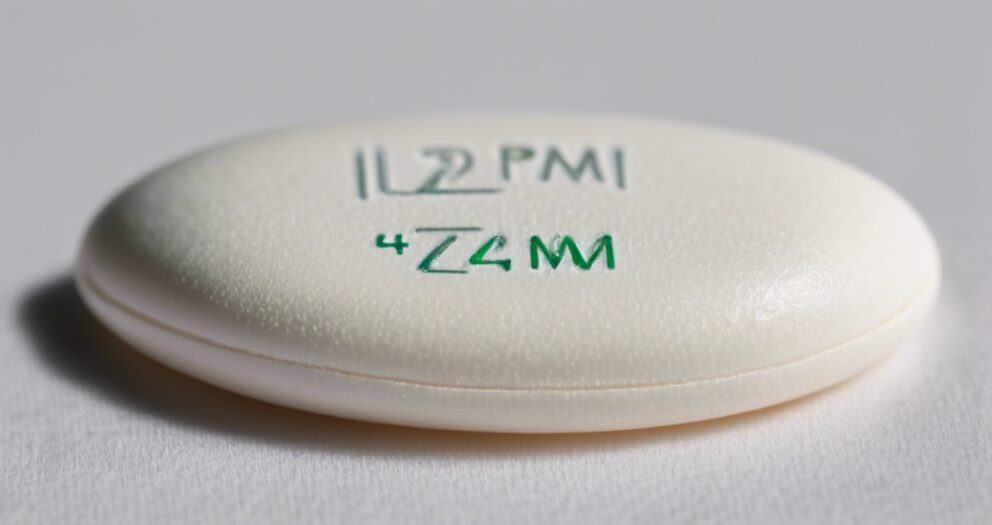 Close-up van een ovale witte pil met groene markeringen, "L2 PMI" op de bovenste regel en "424 M" eronder. Het zit op een glad, lichtgrijs oppervlak.