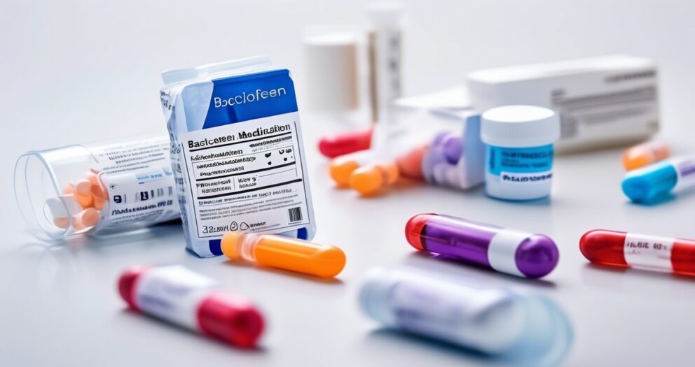 Verschillende medicijnflessen en pillencontainers liggen verspreid op een wit oppervlak. De focus ligt op een klein flesje met het label "Baclofen" met verschillende kleurrijke capsules en pillen in de buurt. De achtergrond bevat meer medicijnverpakkingen.