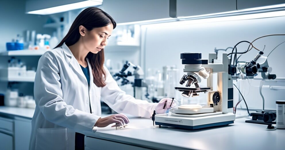 Een wetenschapper in een witte labjas werkt in een laboratorium, gefocust op een microscoop. Het lab staat vol met wetenschappelijke apparatuur en is goed verlicht. Planken op de achtergrond bevatten verschillende instrumenten en containers.