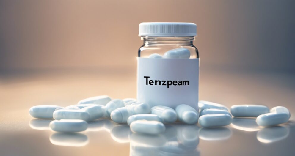 Een kleine transparante pot met het label "Tenzpeam" gevuld met witte capsules wordt in het midden geplaatst, omringd door verspreide capsules op een reflecterend oppervlak. De achtergrond is zacht verlicht.