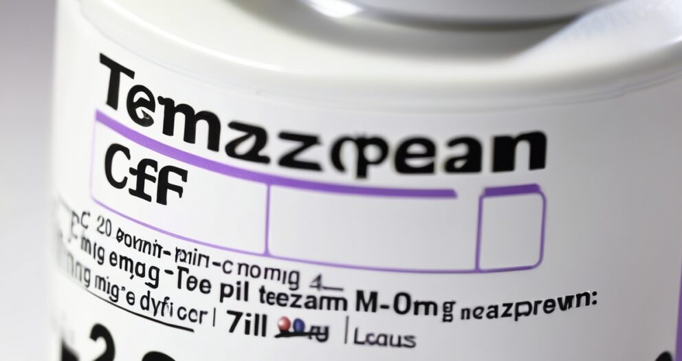 Close-up van een medicijnflesje met een wazig etiket. De tekst is gedeeltelijk onleesbaar, met een mix van Latijnse en vervormde tekens met zwarte, vette cijfers onderaan. De achtergrond is zachtjes onscherp.