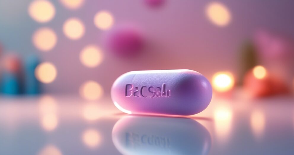 Een pastelkleurige pil met "BRCsolu" erop gegraveerd wordt op een glad oppervlak getoond. De achtergrond is zacht vervaagd met warme bokehlichten, wat een kalme en rustgevende sfeer creëert.