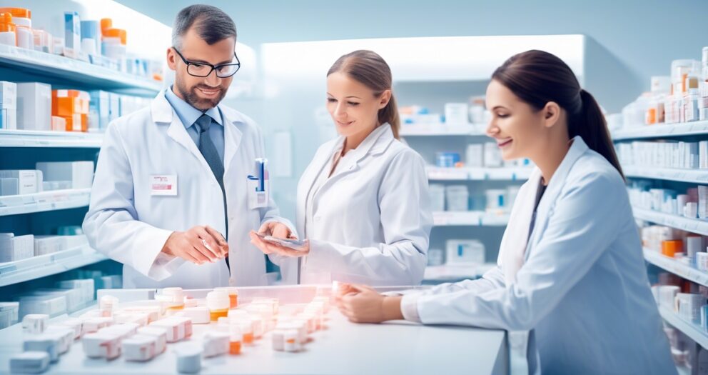 Drie apothekers in witte jassen staan in een apotheek, omringd door planken vol medicijnflesjes. Ze zijn in gesprek, onderzoeken een recept of medicijn, met een heldere, georganiseerde achtergrond.