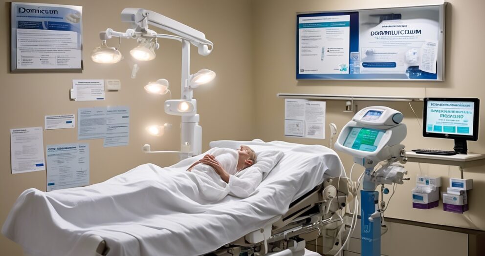 Een patiënt ligt in een ziekenhuisbed bedekt met een witte deken, omringd door medische apparatuur en monitoren. De kamer heeft informatieve posters en papierwerk aan de muren en een computer aan de zijkant. De verlichting is helder en klinisch.
