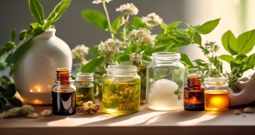 Een verzameling glazen potten en flessen gevuld met verschillende oliën en kruiden op een houten tafel. Er zijn groene bladeren, bloemen en een witte diffuser op de achtergrond, wat een natuurlijke en serene sfeer creëert.