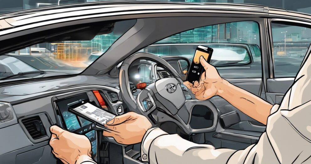 Illustratie van een persoon in een auto die een smartphone vasthoudt en toegang heeft tot een digitale interface op het dashboard. Het interieur van de auto en de digitale displays suggereren geavanceerde, onderling verbonden technologie.