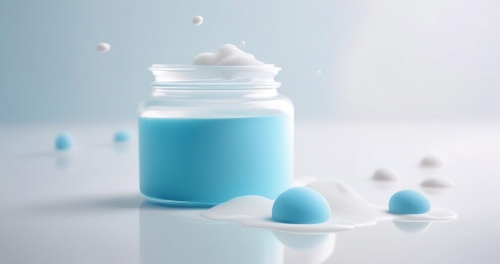 Een glazen pot gevuld met lichtblauwe crème staat op een glad oppervlak. Wit schuim stroomt eruit en vormt zachte bubbels rond de pot. De achtergrond is een zachte gradiënt van blauw en wit, wat een serene en schone atmosfeer creëert.