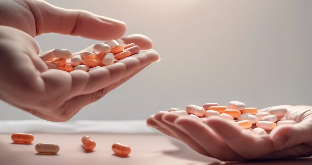 Twee handen zijn gevuld met capsules en tabletten, variërend in kleur van oranje tot wit. De achtergrond is zacht verlicht, wat een warme en zachte ambiance aan de scène geeft, wat suggereert dat de focus ligt op medicatie of gezondheidszorg.