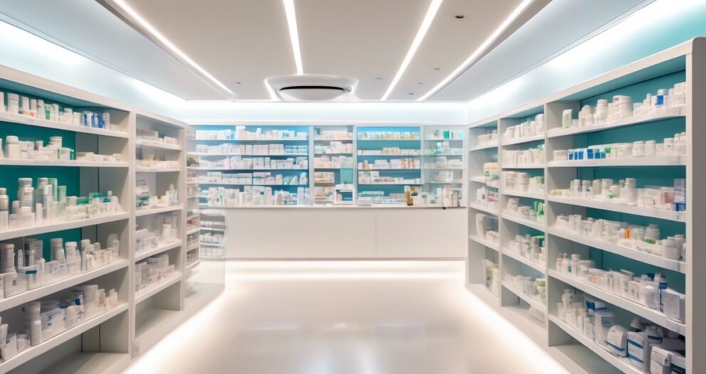 Een helder verlicht apotheekinterieur met witte planken vol met verschillende medicijnflessen en -dozen. Het plafond is voorzien van moderne, inbouwverlichting en aan de achterkant is een toonbank met meer planken zichtbaar.