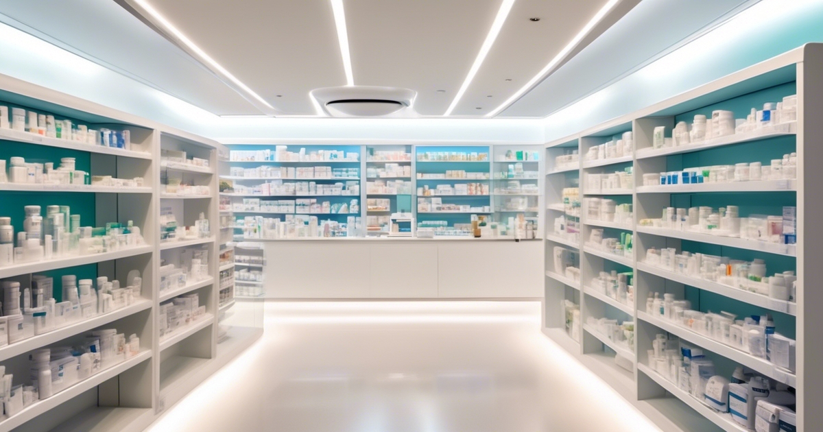 Een helder verlicht apotheekinterieur met witte planken vol met verschillende medicijnflessen en -dozen. Het plafond is voorzien van moderne, inbouwverlichting en aan de achterkant is een toonbank met meer planken zichtbaar.