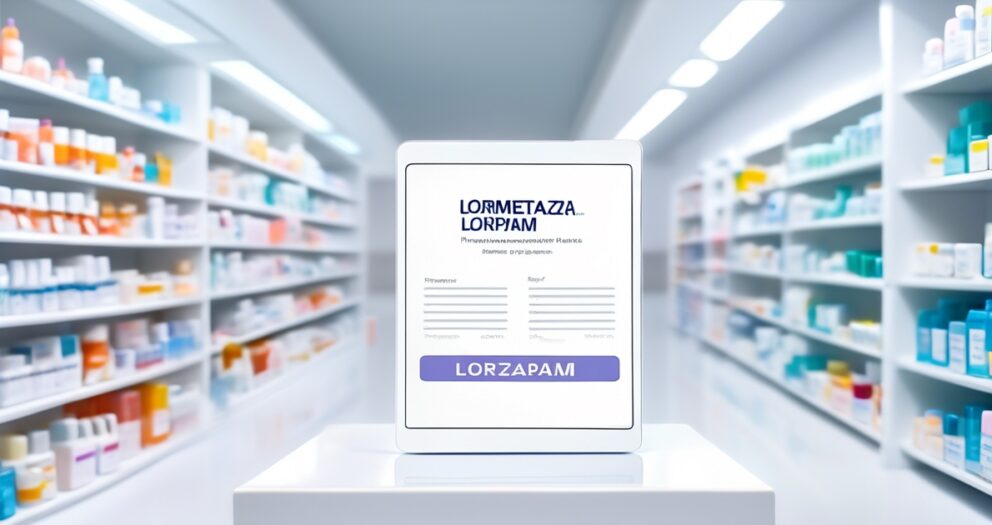 Digitaal bord met "LORMETAZA LORPIAM" met "LORZAPAM" gemarkeerd, in een helder, modern apotheekpad. Planken staan vol met kleurrijke medicijnflessen en -dozen.