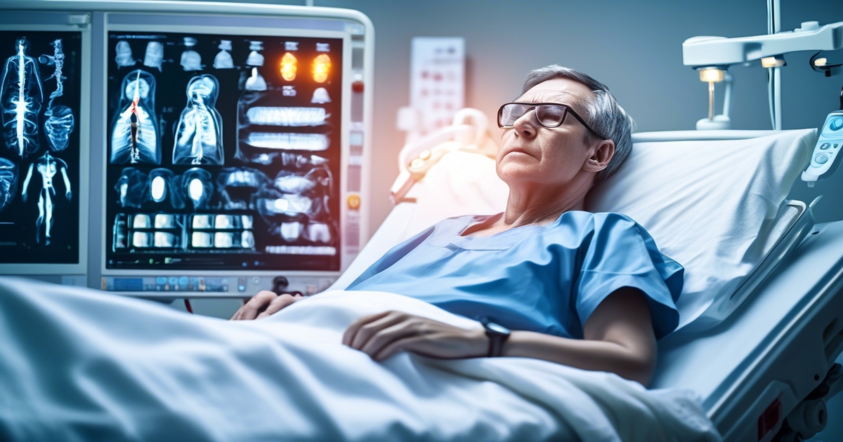 Een oudere patiënt met een bril ligt in een ziekenhuisbed, aangesloten op medische apparatuur. De kamer is zwak verlicht en medische monitoren met scans zijn zichtbaar op de achtergrond. De patiënt lijkt vredig te rusten.