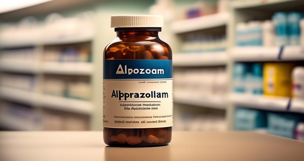 Een fles met het label "Alprazolam" staat op een apotheekplank, gevuld met ronde tabletten. De achtergrond toont wazige planken gevuld met verschillende farmaceutische producten. De setting is een goed verlichte apotheek.