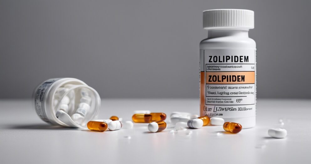 Een fles met het label "Zolpidem" staat rechtop, terwijl een andere fles op zijn kant ligt met de dop eraf. Witte en oranje capsules liggen verspreid over het oppervlak. De scène is goed verlicht, waardoor de medicatie en de labels worden benadrukt.