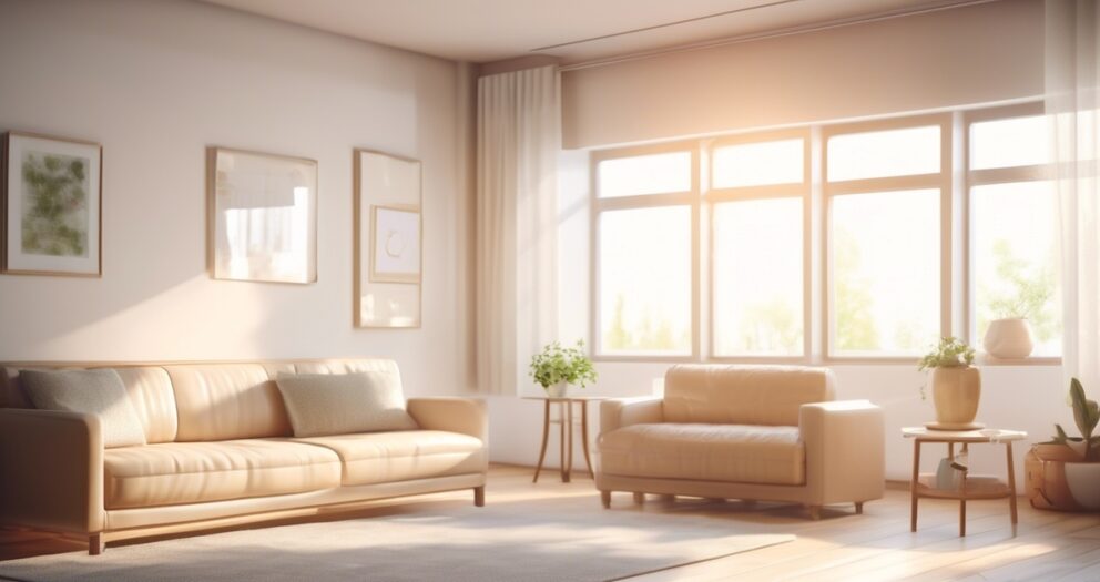 Lichte en luchtige woonkamer met grote ramen die zonlicht binnenlaten. Met een beige bank, fauteuil en kleine tafeltjes. Muurkunst en potplanten voegen een vleugje natuur toe aan het moderne decor.