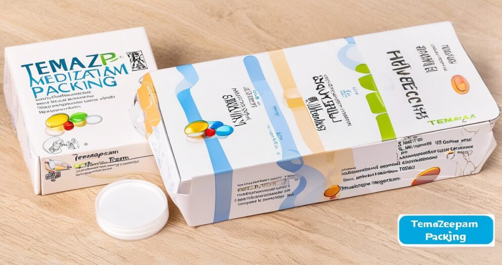 Twee dozen met medicijnen staan op een houten oppervlak, met een klein rond wit deksel ernaast. De verpakking toont abstracte ontwerpen, tekst en kleurrijke cirkels. Een blauw label met "TemaZeepam Packing" staat op de rechterdoos.