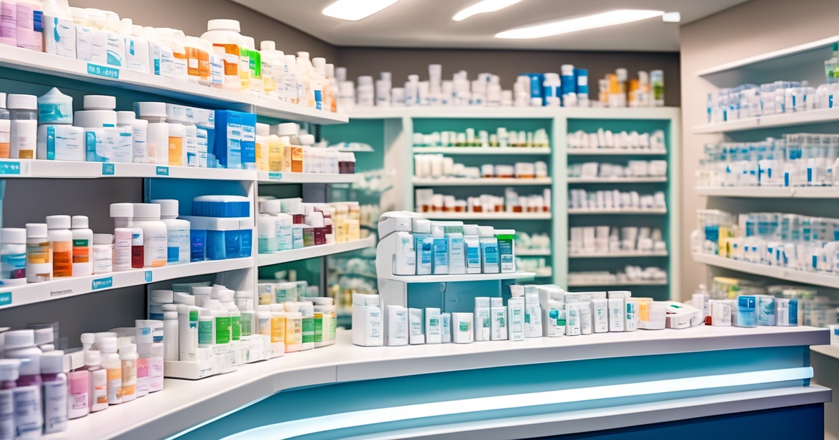 Een helder verlicht apotheekinterieur met planken vol met verschillende kleurrijke medicijnflessen en -dozen. Een centrale toonbank toont meer artikelen en de opstelling is netjes en georganiseerd, wat een schone en moderne sfeer creëert.