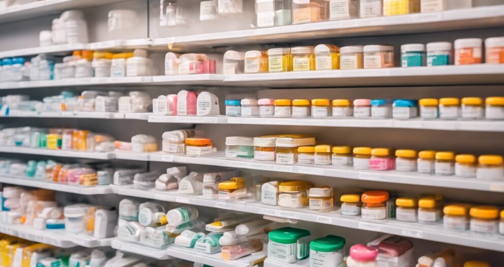 Planken vol met verschillende medicijnflessen en -containers in een apotheek. De planken zijn helder verlicht en tonen talloze vrij verkrijgbare en voorgeschreven medicijnen, georganiseerd en gelabeld voor gemakkelijke toegang.