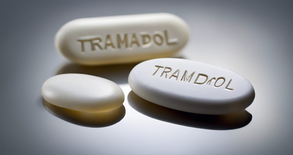 Drie witte pillen zijn gerangschikt op een reflecterend oppervlak. Twee van de pillen hebben "TRAMADOL" gegraveerd, terwijl de derde pil kleiner en effen is. De belichting benadrukt hun gladde textuur en zachte schaduwen.
