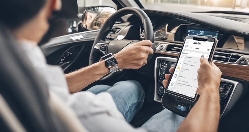 Een persoon bestuurt een auto terwijl hij naar een smartphone kijkt die op het dashboard is gemonteerd. De telefoon toont een interface van een ritdeel-app. De bestuurder draagt een smartwatch en houdt het stuur met één hand vast. Het interieur van de auto is modern en strak.