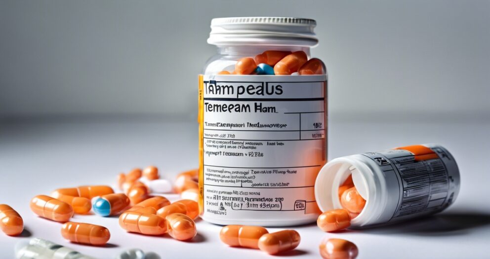 Een flesje met voorgeschreven pillen, gelabeld met onleesbare tekst, is omgeven door verschillende capsules en tabletten, waaronder oranje, blauwe en witte pillen, verspreid over een wit oppervlak. Het flesje is open, met de dop ernaast.