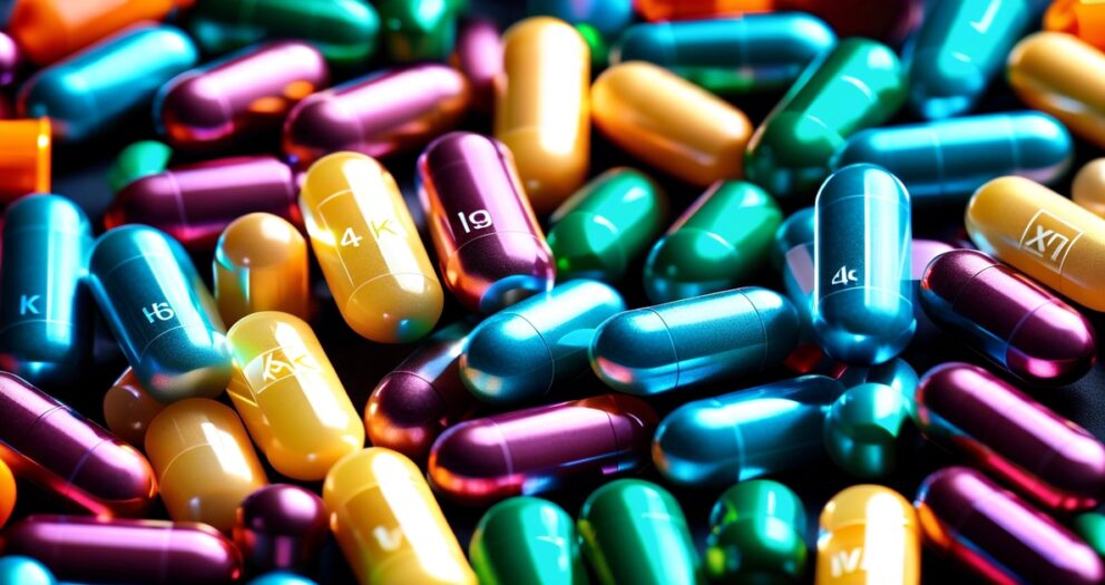 Een close-up van verschillende kleurrijke capsules die verspreid liggen. De capsules zijn glanzend in tinten blauw, oranje, groen, paars en geel. Sommige hebben alfanumerieke codes erop gegraveerd, zoals K4 en L9, tegen een donkere achtergrond.
