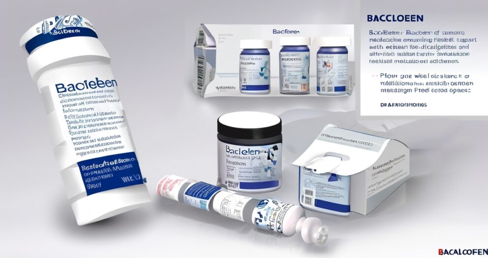 Verpakking van verschillende farmaceutische Baclofen-producten, waaronder tabletten en oplossingen. Dozen, flessen en tubes worden weergegeven met etiketten en branding. Een alinea tekst is gedeeltelijk zichtbaar, maar grotendeels wazig en onleesbaar.