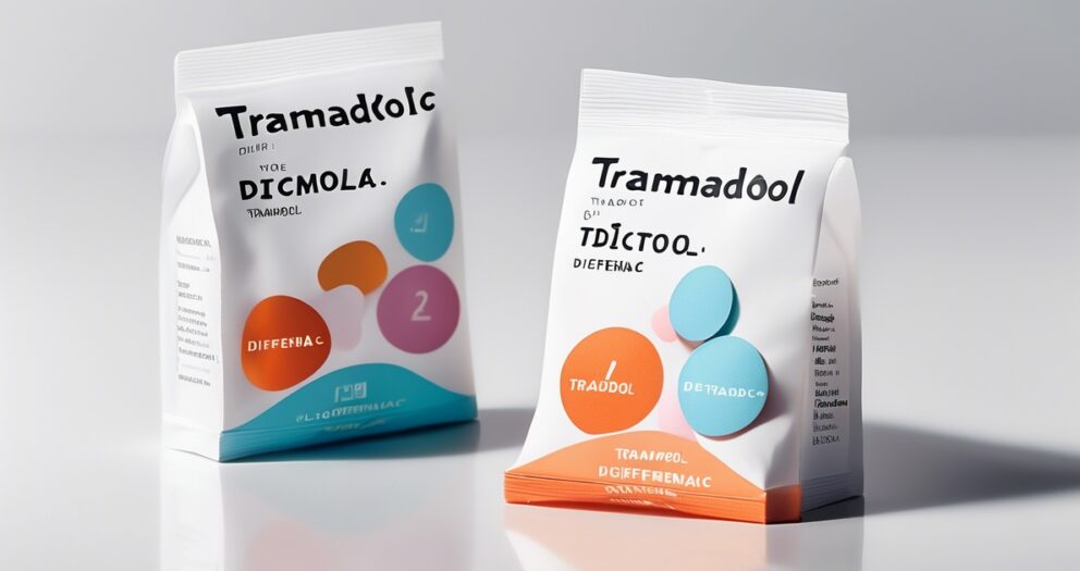 Twee verpakkingen met het label "Tramadol" met abstracte ontwerpen liggen op een licht oppervlak. Elke verpakking heeft kleurrijke cirkels en tekst, met variaties in kleurenschema's van blauw-oranje en turquoise-oranje.