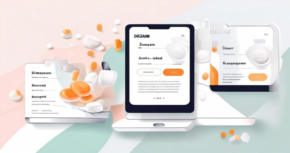 Illustratie van drie tablet-apparaten die medische content weergeven, omringd door verspreide pillen in oranje en wit. Achtergrond met abstracte, gebogen vormen in pastelkleuren, die roze, groen en wit mengen.